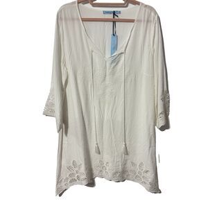 NWT Solitaire Swim White 3/4 Sleeve Lace Trim Cover Up Top Size Medium Embroider
